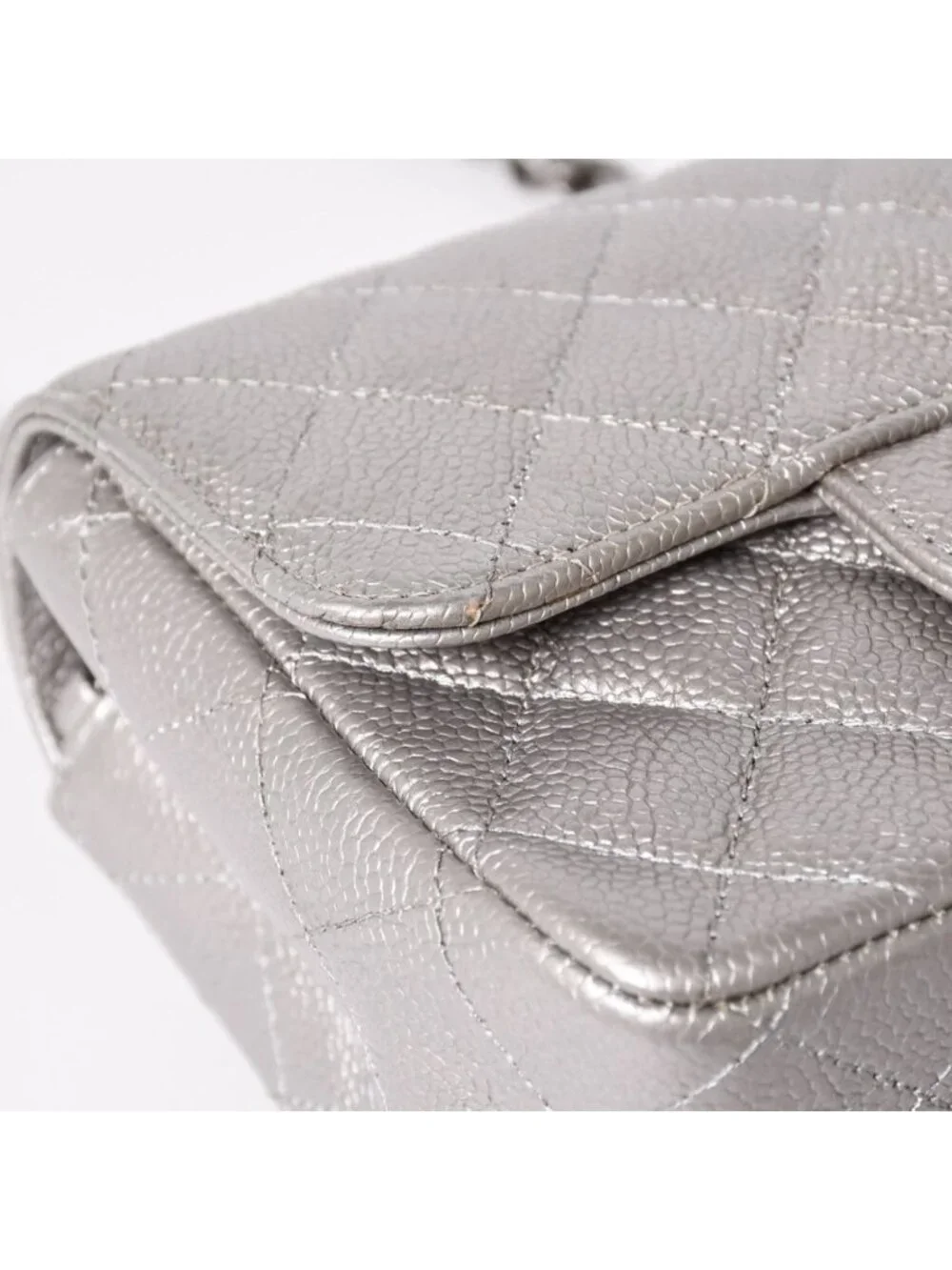 Chanel Mini Quilted 17 S Flap S Chain Shoulder Bag CC Logo Caviar Leather Silver